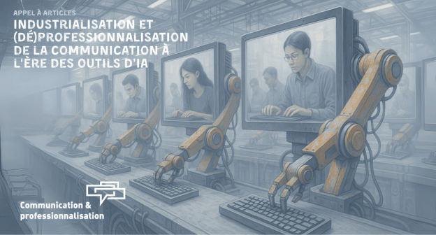 Illustration numérique en style dystopique d’une chaîne de montage robotisée. Plusieurs bras mécaniques orange tapent sur des claviers d’ordinateurs. Devant eux, de grands écrans affichent des humains — hommes et femmes — concentrés à taper eux aussi sur des claviers. L’atmosphère est froide, éclairée par des néons blancs, renforçant l’idée d’une industrialisation de la communication. Dans le coin gauche figure le texte : « Appel à articles : Industrialisation et (dé)professionnalisation de la communication à l’ère des outils d’IA » accompagné du logo « Communication & professionnalisation ».